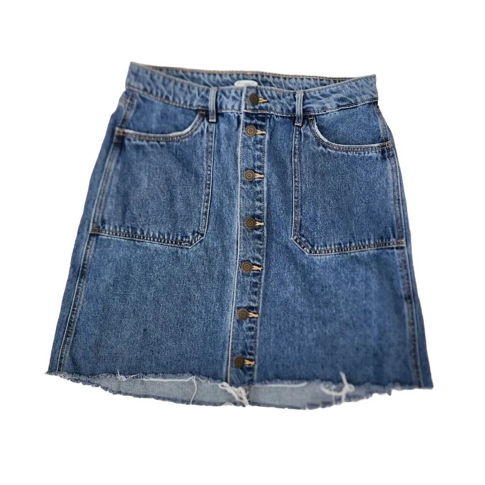 Old Navy Denim Mini Skirt button front size 10 Blue Raw Hem 100% Cotton